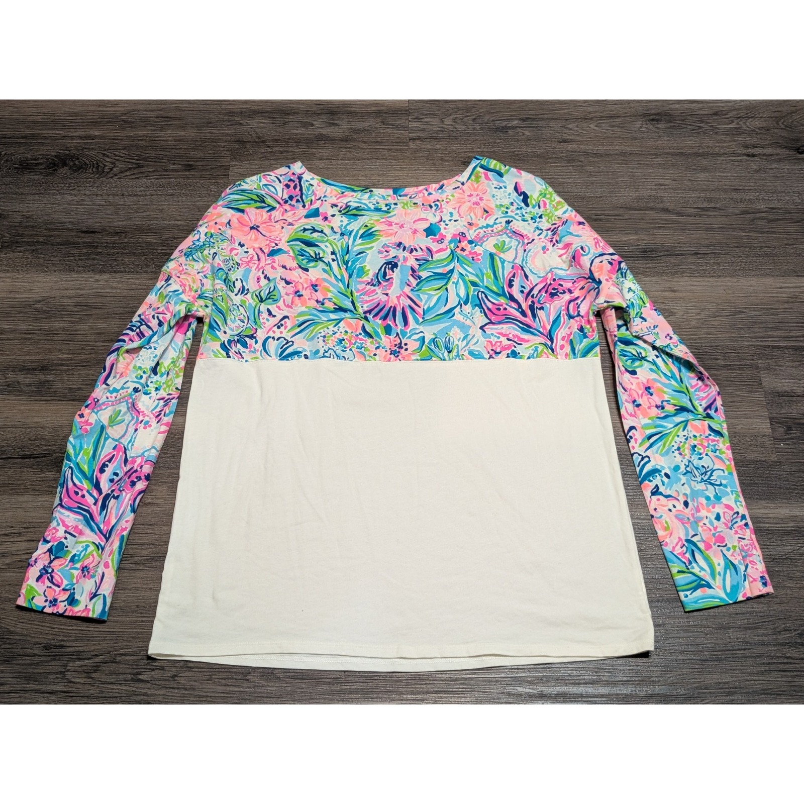 Lilly Pulitzer Womens Medium Floral Colorblock Long Sleeve Crewneck Tee White